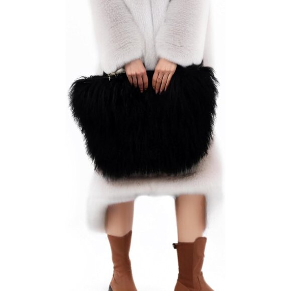Black Fur Tote Bag Curly Lamb Hair Plush Large with Leather Handles - Picture 8 of 8